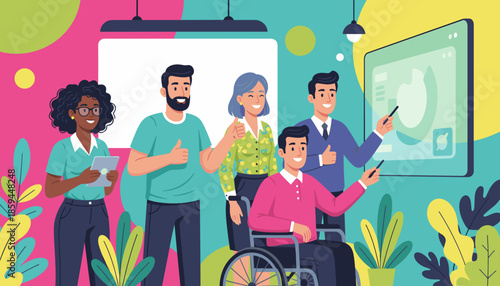 Diverse business team shows success and inclusion during a vibrant digital presentation