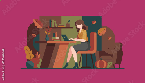 Professional woman working remotely on laptop in a cozy autumn home office illustration