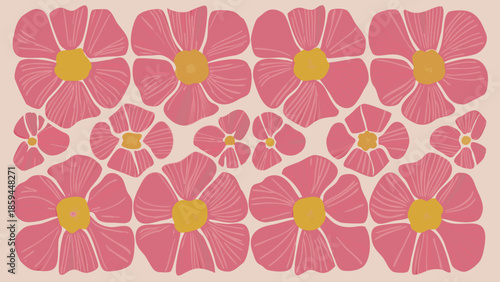 Pink flowers with yellow centers arranged in a decorative pattern on a light beige background, retro floral illustration