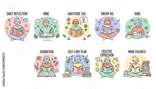 Vector illustration set people practicing selfcare journaling reading and mindfulness concepts