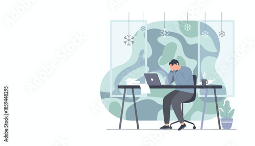 Stressed worker at desk feeling overwhelmed or depressed during winter business burnout concept