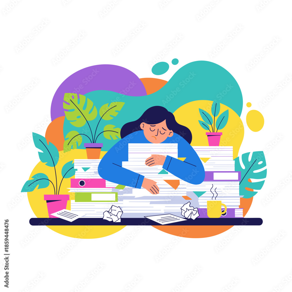 Fototapeta premium Overwhelmed worker collapses on a huge stack of paperwork symbolizing stress and professional burnout