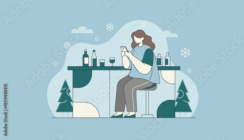 Woman checks phone at a winter bar counter with drinks Flat vector illustration for holiday lifestyle