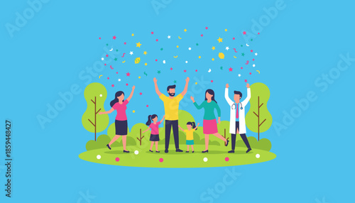 A happy family and doctor celebrate success and health outdoors with falling confetti