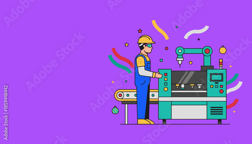 Illustration of a technician operating automated machinery Industry production and technology concept