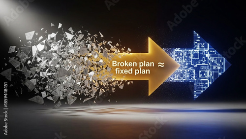 Broken plan | fixed plan Arrow transforming from shattered documents to blueprint plan