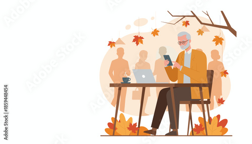 Modern senior man uses smartphone and laptop in a cozy autumn cafe setting Freelance or leisure