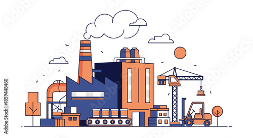 Flat vector illustration of an industrial factory production plant crane and forklift Manufacturing concept