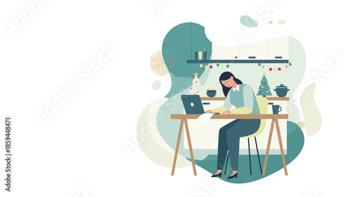 Remote work during holidays Woman typing on laptop in festive home kitchen illustration