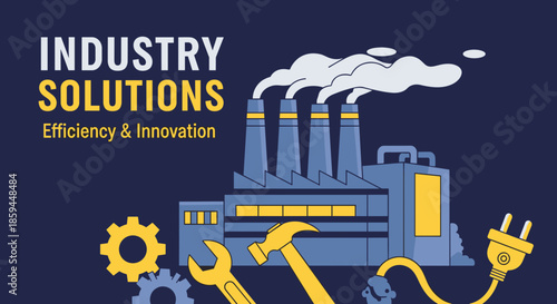 Industrial solutions graphic with factory smoke wrench hammer and power plug for business concepts