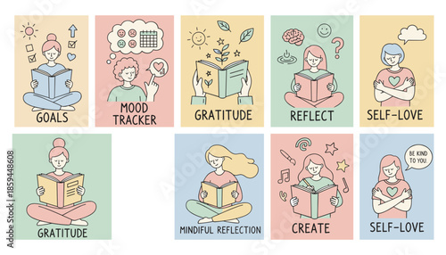 Set of 8 selfcare illustrations goals gratitude mood tracking selflove reflection and creativity journaling