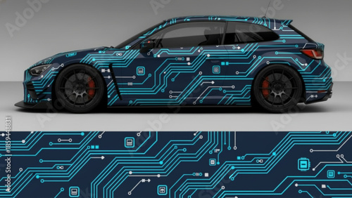 A car wrapped in a futuristic blue circuit board pattern, showcasing automotive design and technology.
