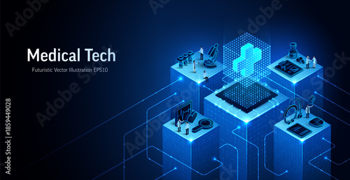 Medical healthcare technology 3D isometric vector illustration. Doctor, patient, hospital AI system concept. Modern blue background for medicine research, diagnosis, digital health, clinic innovation