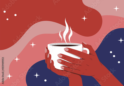 Cozy flat design depicting hands holding a steaming mug, a comforting and stylish vector graphic for a relaxing break and warm beverage moment