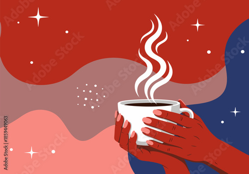 Flat vector illustration of hands holding a steaming coffee cup, with an abstract background featuring stars, conveying warmth and comfort