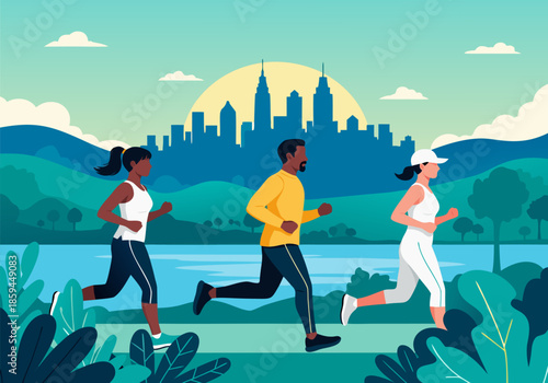 Dynamic illustration of diverse individuals enjoying a refreshing jog through a vibrant urban park, promoting health and wellness against a scenic city skyline and natural landscape