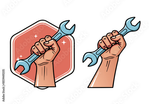 Dynamic vector illustration depicting a strong hand firmly grasping a sturdy metal wrench, symbolizing professional repair, dedicated labor, mechanical expertise, and essential maintenance services