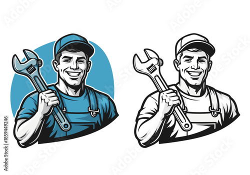 Smiling professional male mechanic character illustration holding a wrench, perfect for handyman services, automotive repair, and adaptable vector graphic design