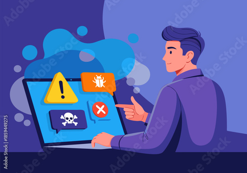 A Man Faces Cybersecurity Warnings, Virus Alerts, and Digital Threats on His Laptop, Highlighting Internet Security and Data Protection Needs