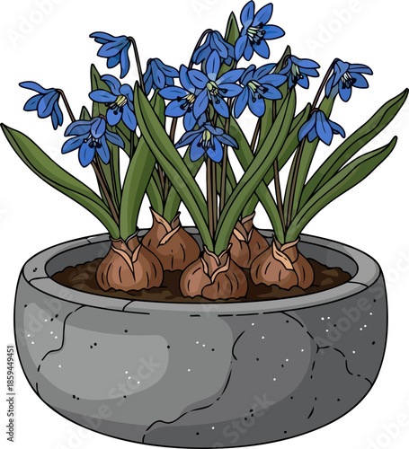 blue flowers in gray pot clip art preview