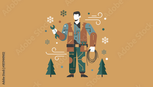 Service technician works in winter holding wrench and wire Maintenance concept illustration