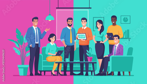 Professional team meeting about future strategy 2026 in a vibrant modern office environment