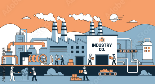 Flat design illustration of a bustling factory with workers machinery and production lines