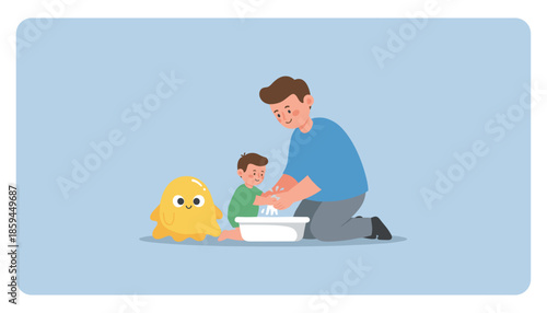 Happy father helps son wash hands in a basin promoting hygiene with a friendly yellow mascot