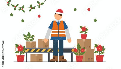 Delivery worker in a Santa hat manages Christmas packages and poinsettias on a conveyor belt