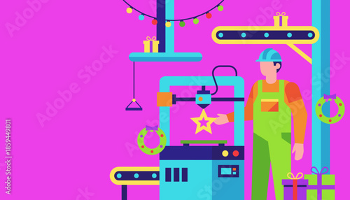 Festive manufacturing Worker making Christmas ornaments with a 3D printer and assembly line