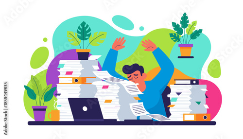 Overwhelmed man buried in huge piles of paperwork office stress and burnout concept