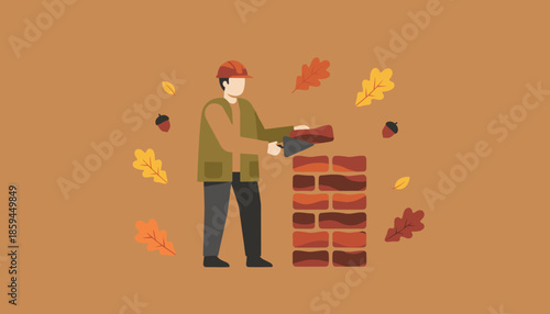 Bricklayer working on a wall surrounded by autumn leaves Construction and seasonal labor concept