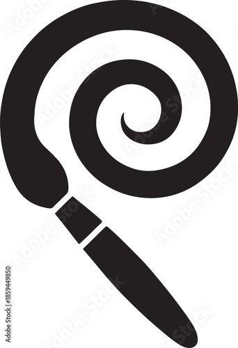 Flat bold vector of a swirling paintbrush leaving a thick spiral path, artistic silhouette
