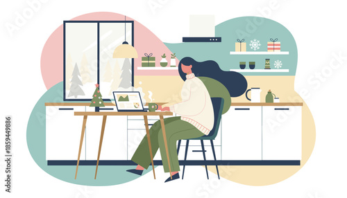 Remote work during the holidays Woman uses laptop in a cozy modern kitchen with a snowy winter view