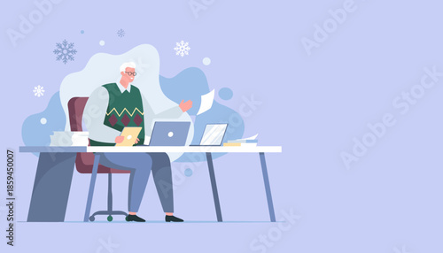 Senior man using tablet and laptop for remote work in a winter office setting Digital technology concept