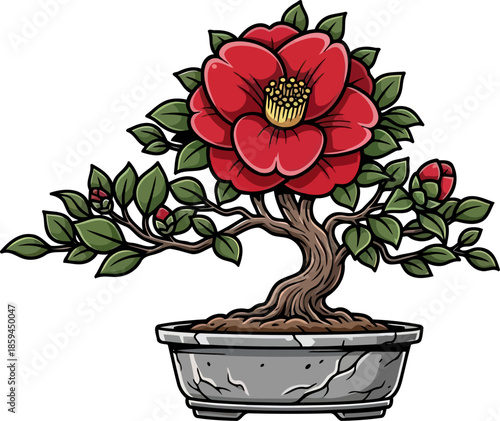 crimson elegance miniature bonsai camellia, a testament to cultivated natural artistry, vector isolated on transparent background