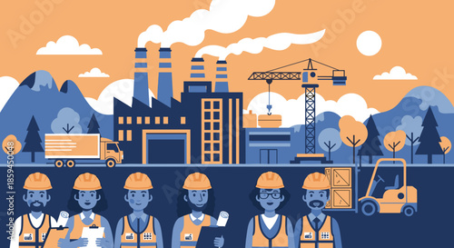Team of industrial workers standing against a factory crane and truck backdrop production and logistics