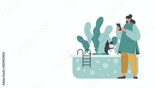 Woman uses phone by a snowy pool with a snowman and pine trees Winter holiday technology concept