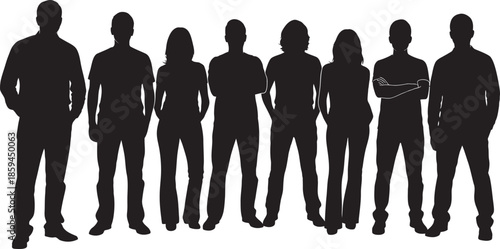 A group of seven people standing together in silhouette against a white background