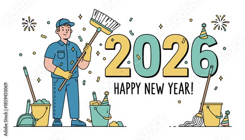 Happy New Year 2026 Janitor sweeping confetti symbolizing a fresh start and professional cleaning service