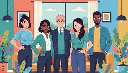 Diverse multigenerational business team smiling confidently in a modern colorful office setting