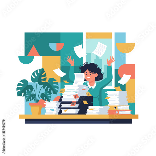 Stressed employee overwhelmed by massive paperwork and deadlines in the office