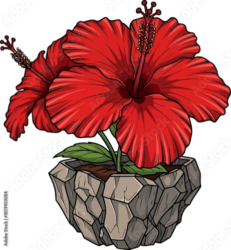 crimson resilience tropical grandeur blossoms from a sturdy, sculpted rock pot, vector isolated on transparent background