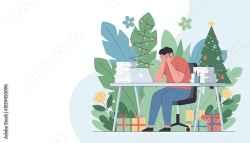 Stressed worker overwhelmed by deadlines during Christmas Burnout concept holiday pressure