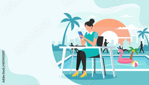 Remote work concept Woman uses smartphone at a desk by a resort pool under palm trees