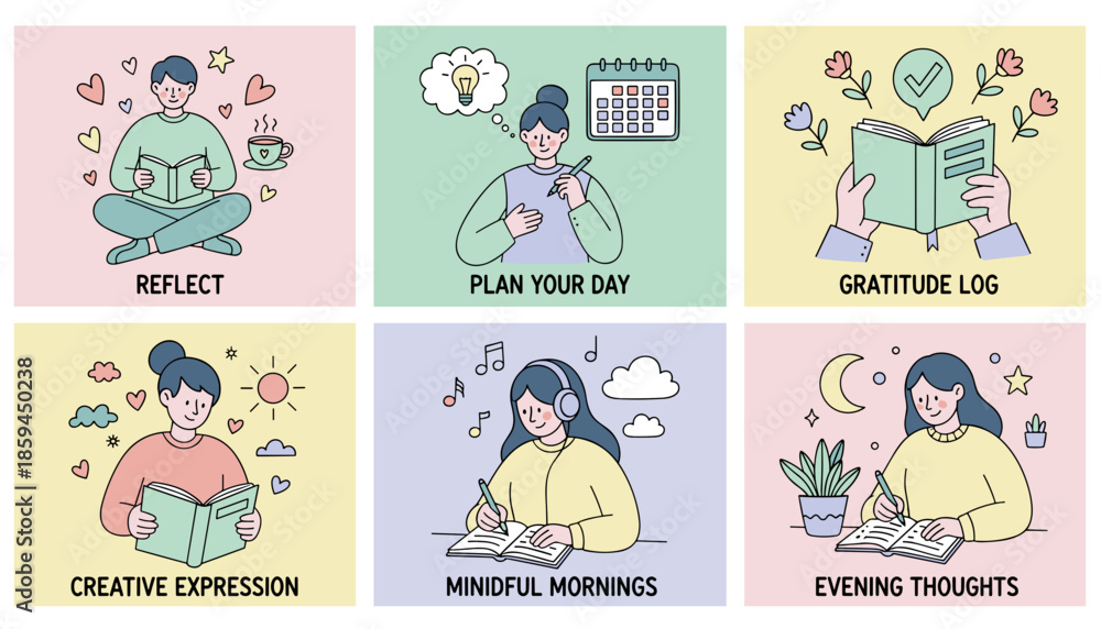 Fototapeta premium Daily routine illustrations reflection planning gratitude creativity and mindful journaling
