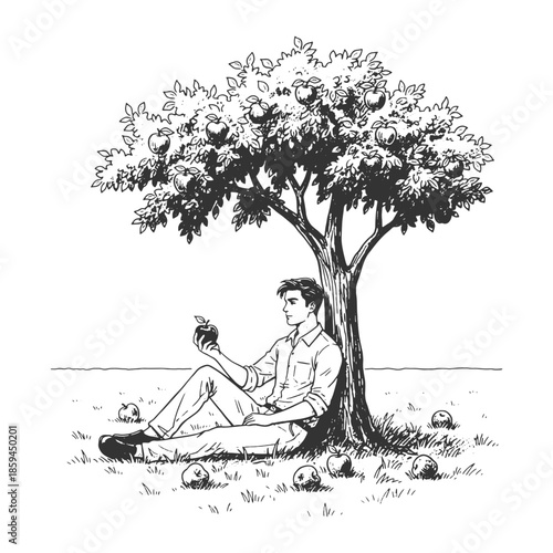 Man resting under apple tree in peaceful countryside setting, black and white hand drawn line art vector illustration of rural life and relaxation