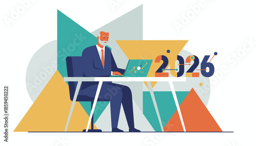 Experienced businessman planning 2026 financial strategy on laptop Corporate planning concept