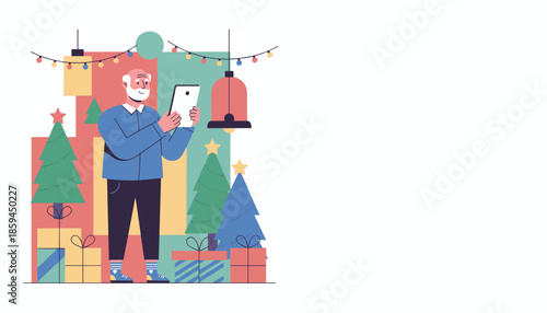 Happy senior man using tablet for online shopping amidst Christmas gifts and decorations