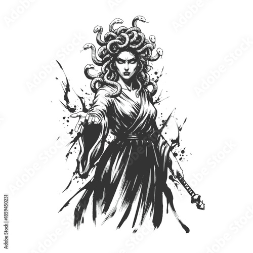 Medusa character with snake hair from Greek mythology, black and white hand drawn line art vector illustration of mythical figure